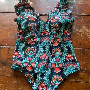 Jessica Simpson Black One-Piece Swimsuit with Red & Teal Floral Print